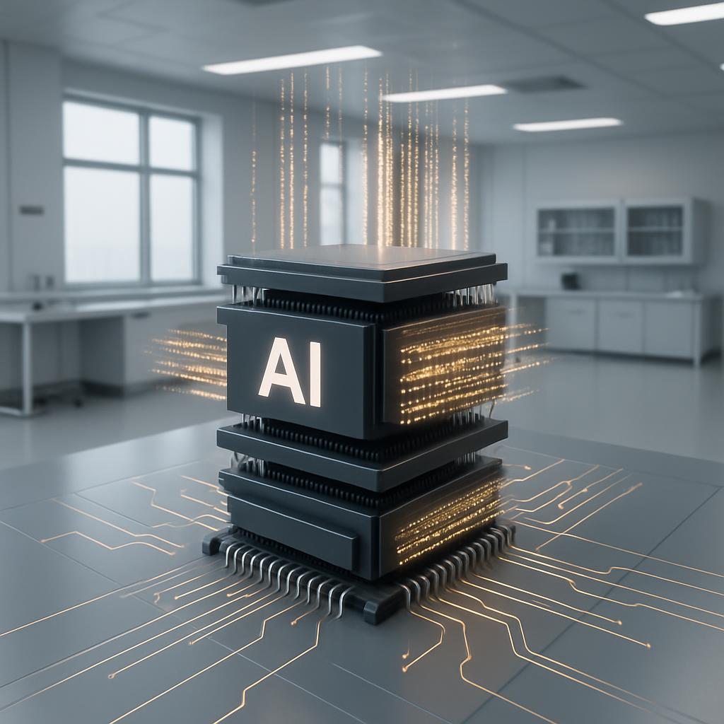 Image of 3D AI chip in office setting with jolts of energy.