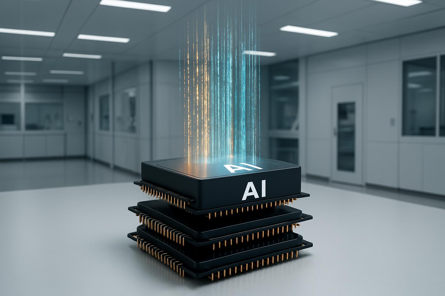A 3D stack of computer chips with a glowing AI logo emerging from it in a gray, industrial-looking room.