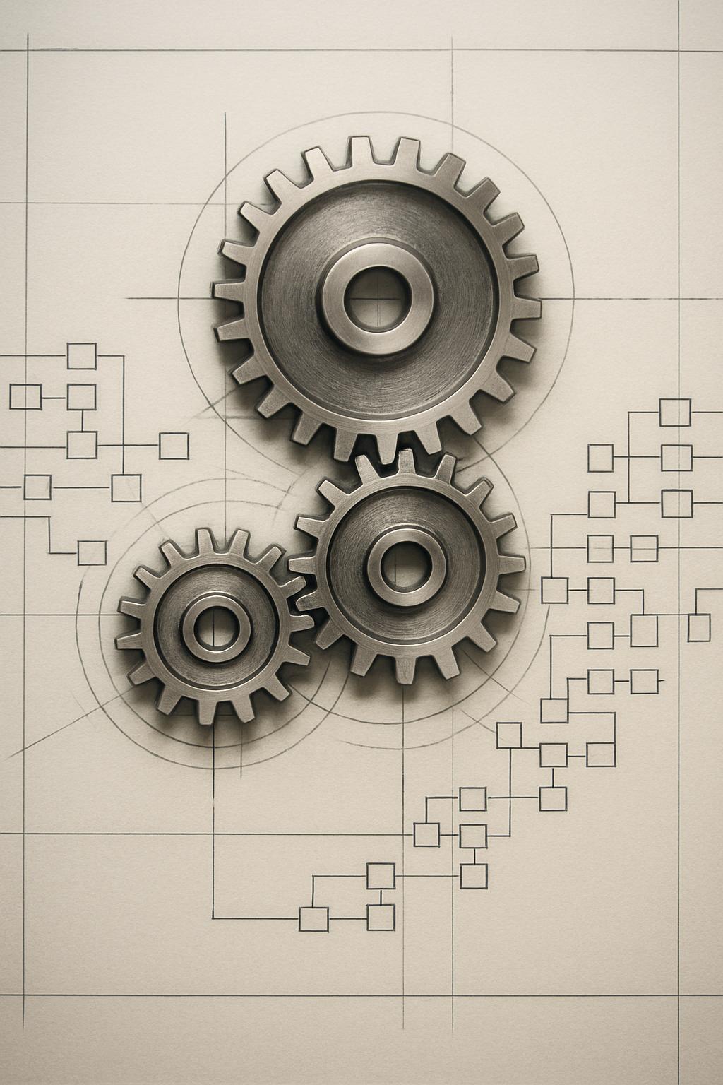 A gear system with a technical diagram background in sepia tones, evoking the pre-digital era of design and engineering.